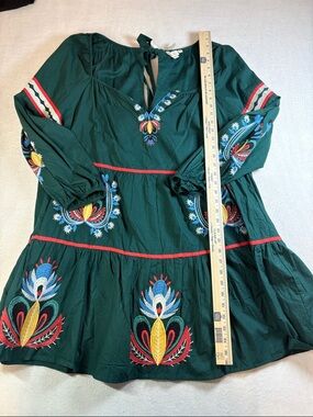 Green Embroidered Boho Mini Dress with Floral Motifs